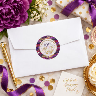 Pegatina Redonda Cumpleaños 101 de Estratos con Joyas de Púrpura y 