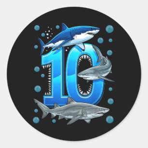 Pegatina Redonda Cumpleaños 10 niños tiburón 10 años océano tiburón