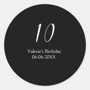Pegatina Redonda cumpleaños 10 nombre fecha caligrafía blanco negro
