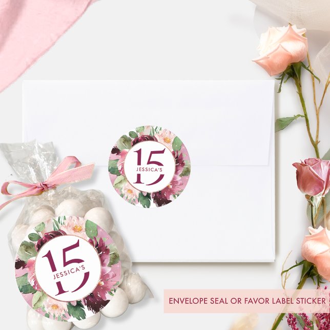 Pegatina Redonda Cumpleaños 15 (o cualquier otro), Floral Burdeos G (Subido por el creador)