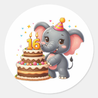 Pegatina Redonda Cumpleaños 16 de elefante lindo