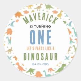 Pegatina Redonda Cumpleaños 1 de Dinosaurio | Prehistórico Adorable