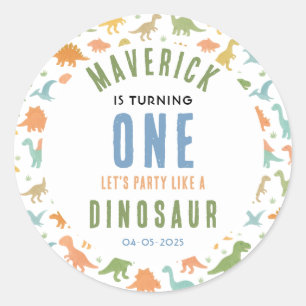 Pegatina Redonda Cumpleaños 1 de Dinosaurio   Prehistórico Adorable