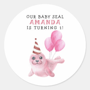 Pegatina Redonda Cumpleaños 1 de Foca Rosa Bajo El Mar