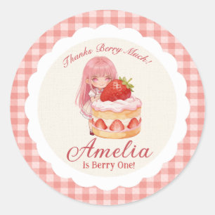Pegatina Redonda Cumpleaños 1 de Strawberry Sweet Watercolor Girl