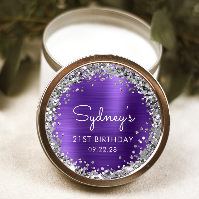 Pegatina Redonda Cumpleaños 21 Glitter Morado Plateado (Subido por el creador)