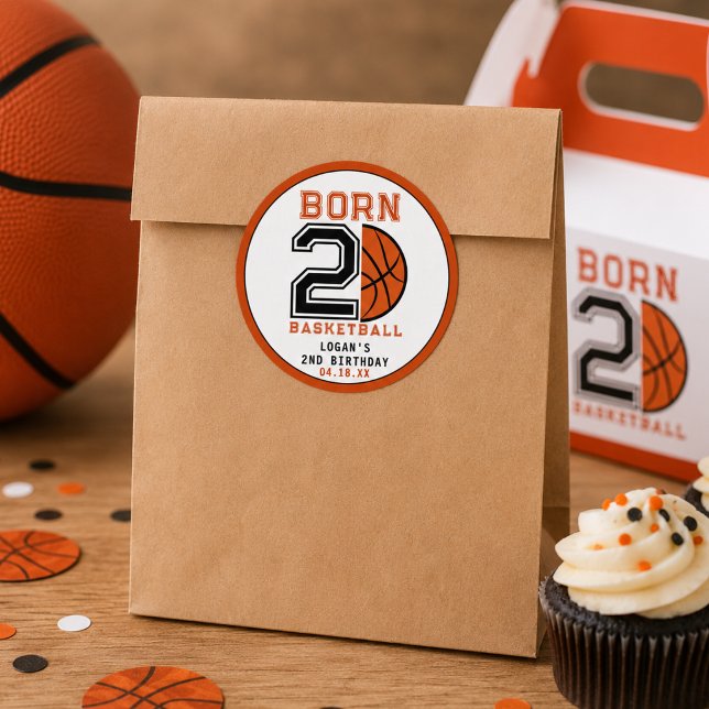 Pegatina Redonda Cumpleaños 2 de Baloncesto Born 2 Ball (Born 2 Ball Basketball 2nd Birthday Party Classic Round Sticker)