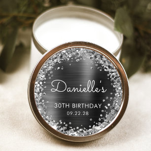 Pegatina Redonda Cumpleaños 30 Charcoal Gris Brillo Plateado