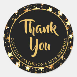 Pegatina Redonda Cumpleaños 30 Negro Estrellas Doradas GRACIAS Clás