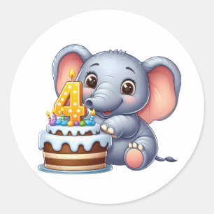 Pegatina Redonda Cumpleaños 4 de elefante lindo