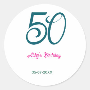 Pegatina Redonda cumpleaños 50 agregar nombre año turquesa rosa neg