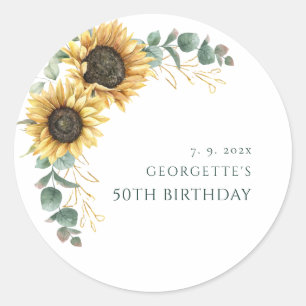 Pegatina Redonda Cumpleaños 50 Floral Girasoles Verdor