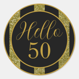 Pegatina Redonda Cumpleaños 50 Negro Dorado Brillante Rayas