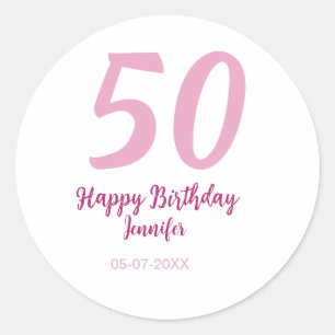 Pegatina Redonda cumpleaños 50 nombre fecha año rosa rojo negrita