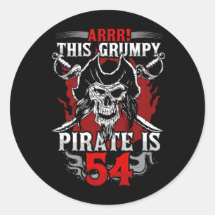 Pegatina Redonda Cumpleaños 54 del hombre Pirata gruñón Cumpliendo