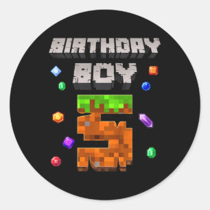 Pegatina Redonda Cumpleaños 5 niños chico 5 videojuego píxel número