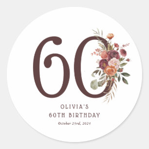 Pegatina Redonda Cumpleaños 60 Boho Pumpkin Autumn Bloom