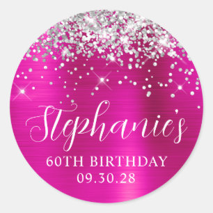 Pegatina Redonda Cumpleaños 60 Brillante Plateado Rosa Fucsia Foil