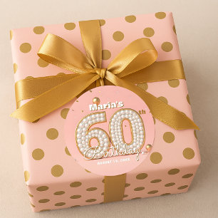 Pegatina Redonda Cumpleaños 60 Elegante con Perlas y Dorado Rosa Su