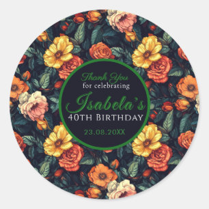 Pegatina Redonda Cumpleaños 70 inspirado en rosas florales botánica