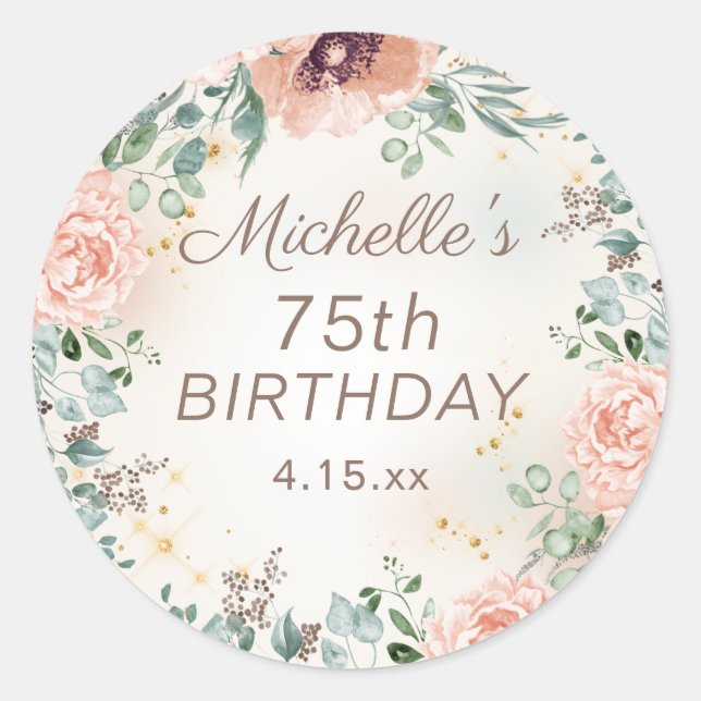 Pegatina Redonda Cumpleaños 75 Elegante Floral Acuarela Rosa (Anverso)