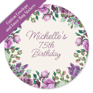 Pegatina Redonda Cumpleaños 75 Floral Acuarela Verde Menta Morado