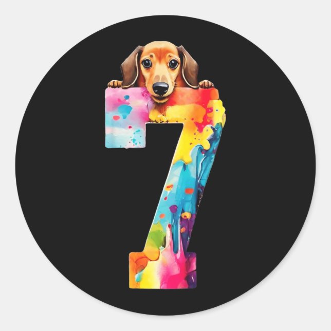 Pegatina Redonda Cumpleaños 7 Años Dachshund Perro (Anverso)