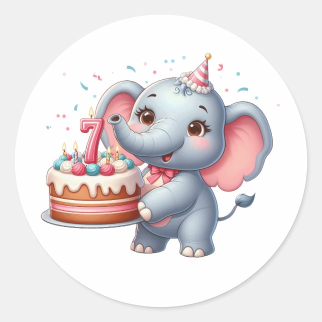 Pegatina Redonda Cumpleaños 7 de elefante lindo (Anverso)
