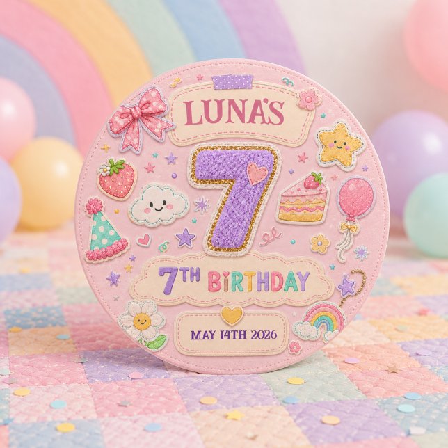Pegatina Redonda Cumpleaños 7 Pastel Arcoíris Niña Parche (Pastel Patchwork Rainbow 7th Birthday Party Girl Classic Round Sticker
)