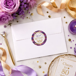 Pegatina Redonda Cumpleaños 80 Morado y Dorado con Estratos de Joya