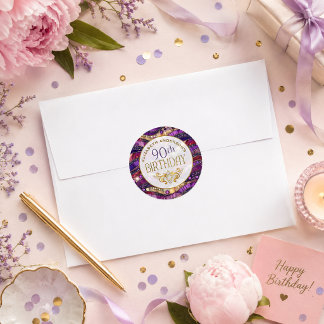 Pegatina Redonda Cumpleaños 90 con diseño de estratos con joyas de