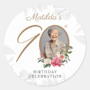 Pegatina Redonda Cumpleaños 90 Floral Botánico Foto Personalizada