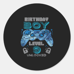 Pegatina Redonda Cumpleaños 9 niños Gamer Nivel 9 Desbloqueado Vide
