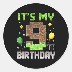 Pegatina Redonda Cumpleaños 9 niños Gamer Pixel 9 años videojuego