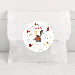 Pegatina Redonda Cumpleaños Adorable del bombero Dino