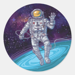 Pegatina Redonda Cumpleaños. Astronauta en el espacio con estrellas