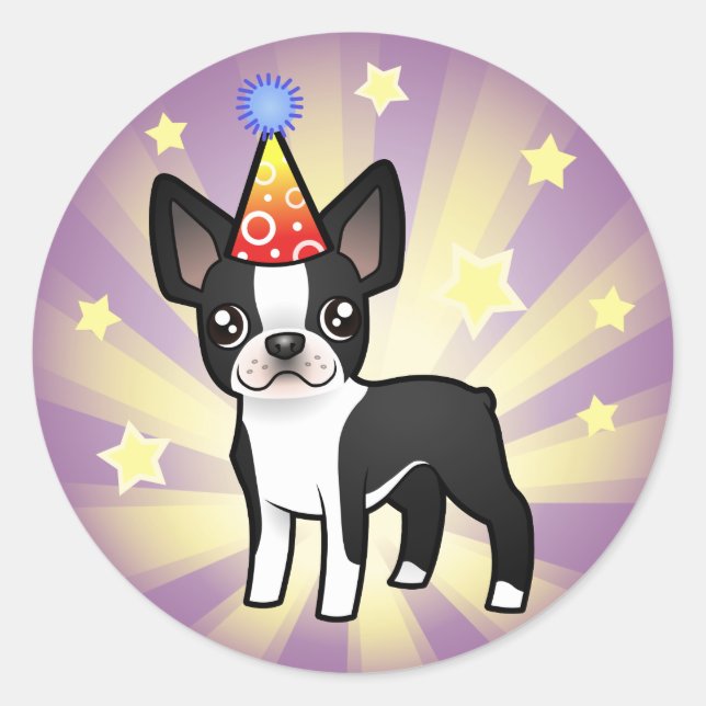 Pegatina Redonda Cumpleaños Boston Terrier (Anverso)