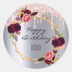 Pegatina Redonda Cumpleaños burgundy florals rosa purpurina de plat