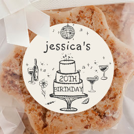Pegatina Redonda Cumpleaños caprichoso cóctel funky dibujado a mano