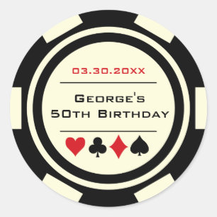 Pegatina Redonda Cumpleaños Casino Ficha de Poker Blanca y Negra