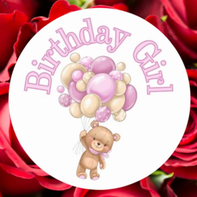 Pegatina Redonda Cumpleaños Chica Bear Baby Shower (Celebrate your baby shower with our adorable Birthday Girl Bear classic round sticker.)