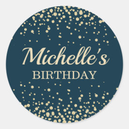 Pegatina Redonda Cumpleaños con brillo dorado y azul marino moderno