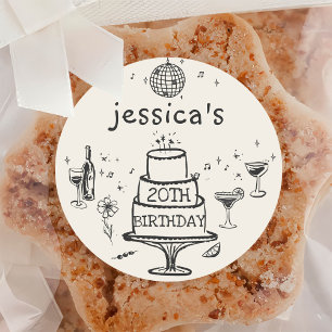 Pegatina Redonda Cumpleaños con cóctel divertido dibujado a mano ca