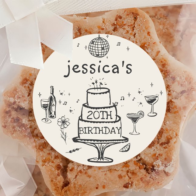 Pegatina Redonda Cumpleaños con cóctel funky dibujado a mano capric (Subido por el creador)