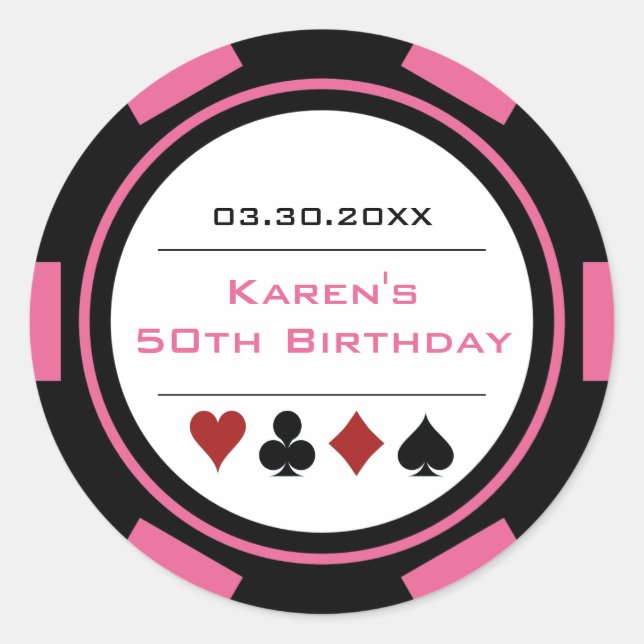 Pegatina Redonda Cumpleaños con fichas de casino rosa y negro (Anverso)
