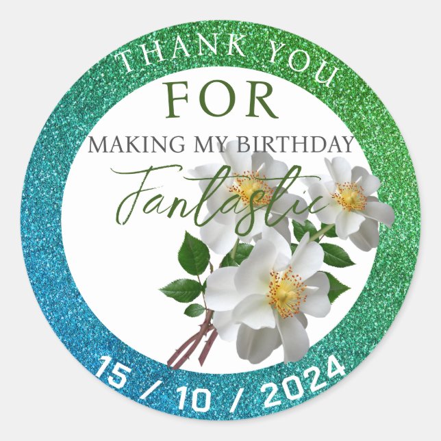 Pegatina Redonda Cumpleaños con flor blanca (Anverso)