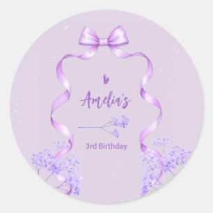Pegatina Redonda Cumpleaños con lazo morado cualquier edad