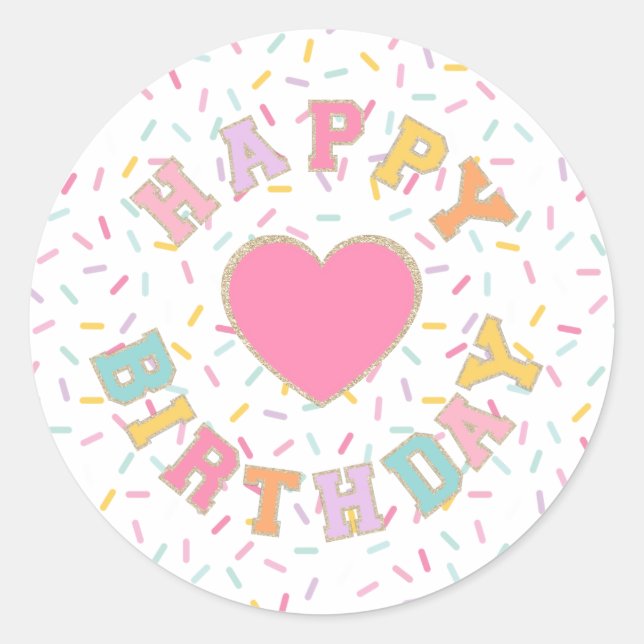 Pegatina Redonda Cumpleaños con letra de parche Preppy (Anverso)