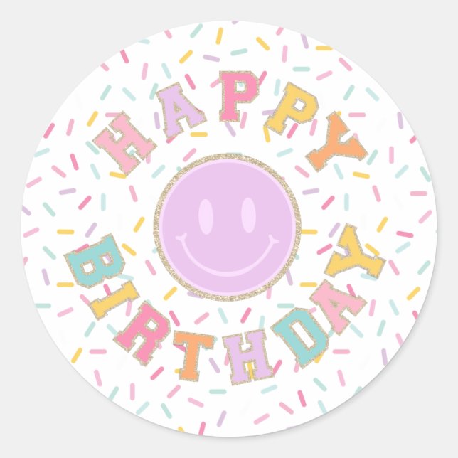 Pegatina Redonda Cumpleaños con letra de parche Preppy (Anverso)
