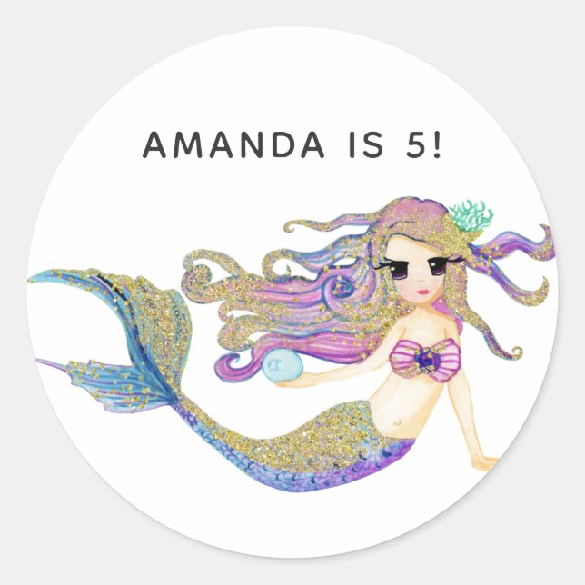 Pegatina Redonda Cumpleaños con tema de sirena (Anverso)